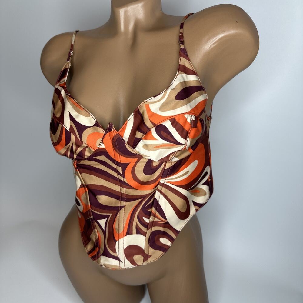 Urban Outfitters Karissa Swirl Corset Top Women’s M Orange Brown Retro 70s Boho - Picture 11 of 12